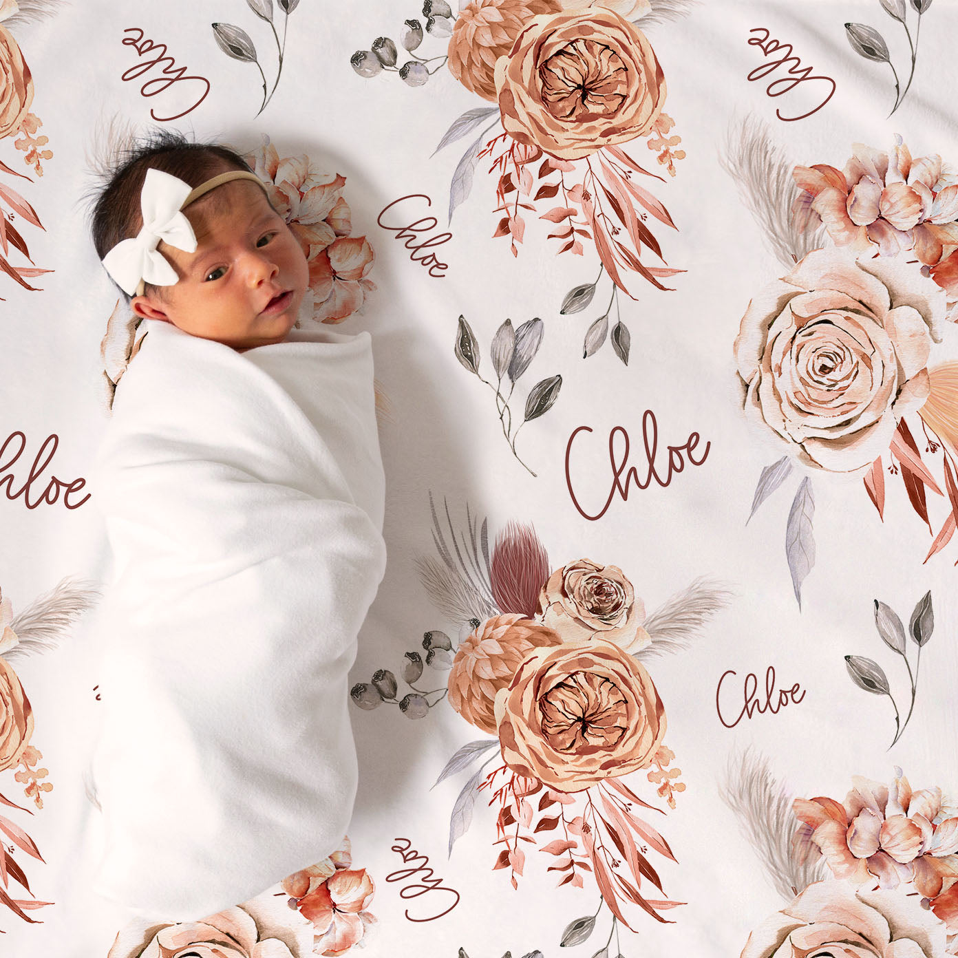 Boho caramel floral personalized baby girl blanket