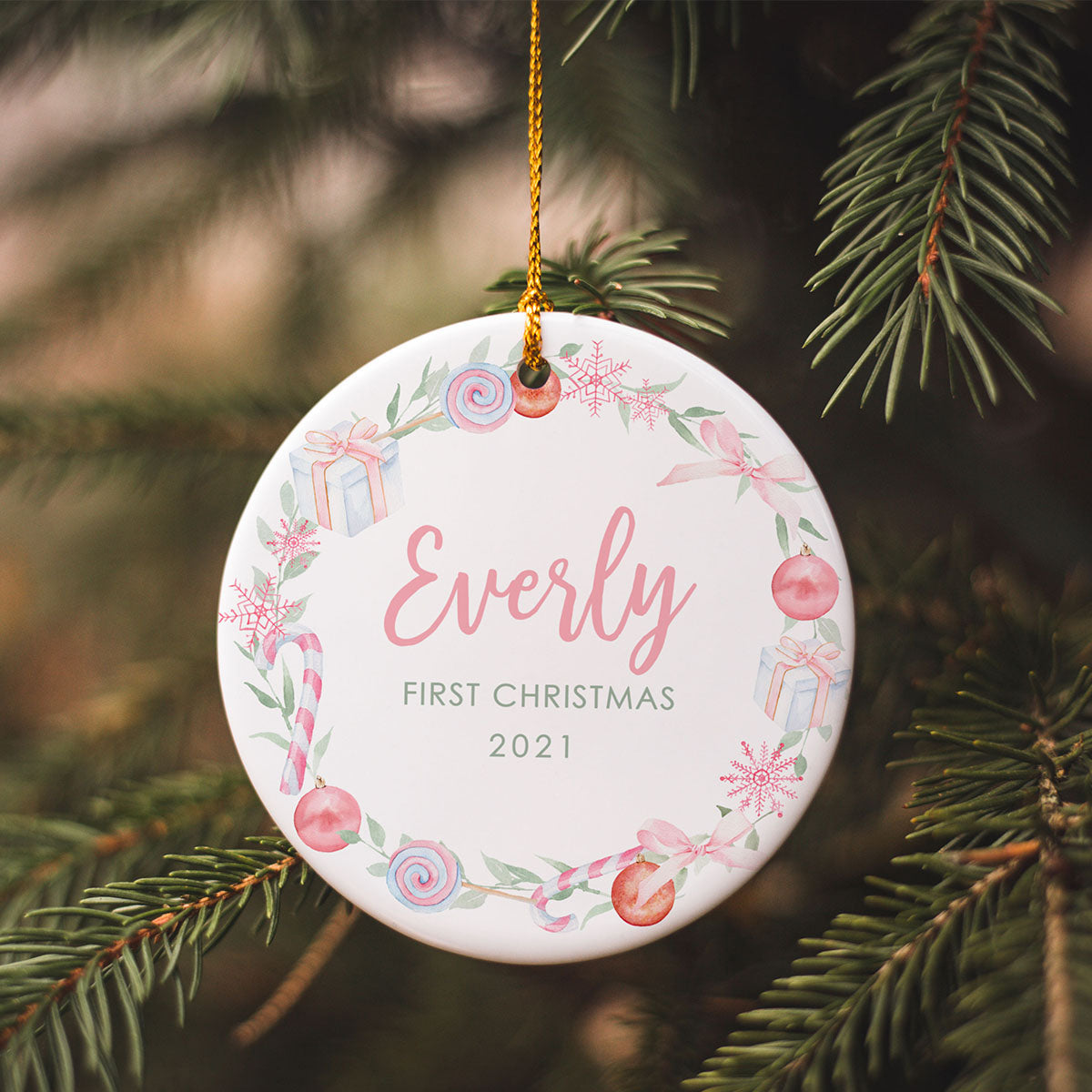 Baby's First Christmas Ornament, Pastel Pink Wreath