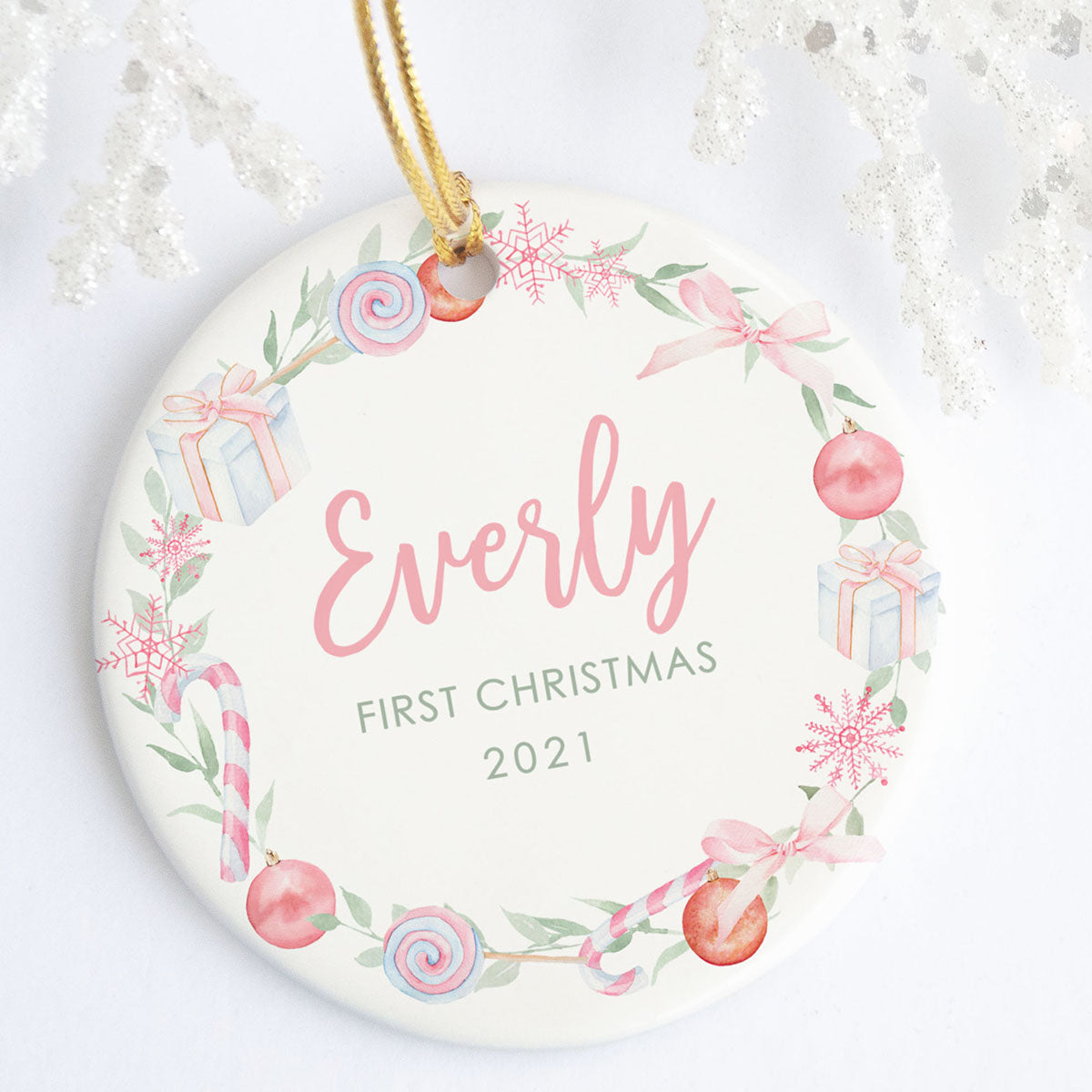 Baby's First Christmas Ornament, Pastel Pink Wreath