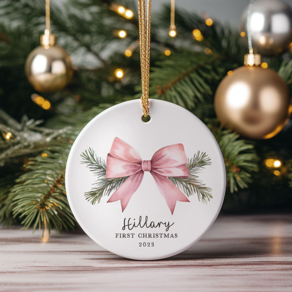 Baby's First Christmas Ornament, Pink Bow