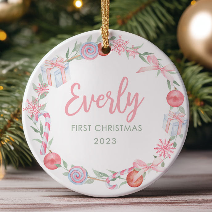 Baby's First Christmas Ornament, Pastel Pink Wreath