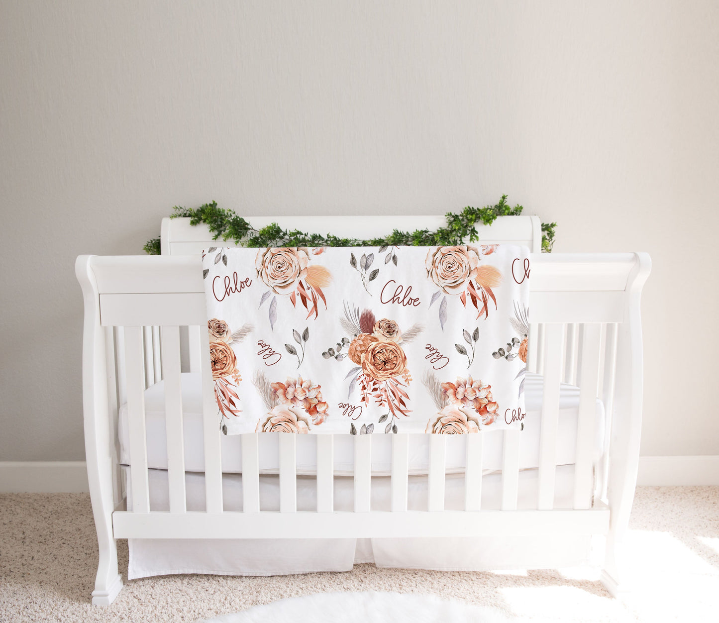 Boho caramel floral personalized baby girl blanket