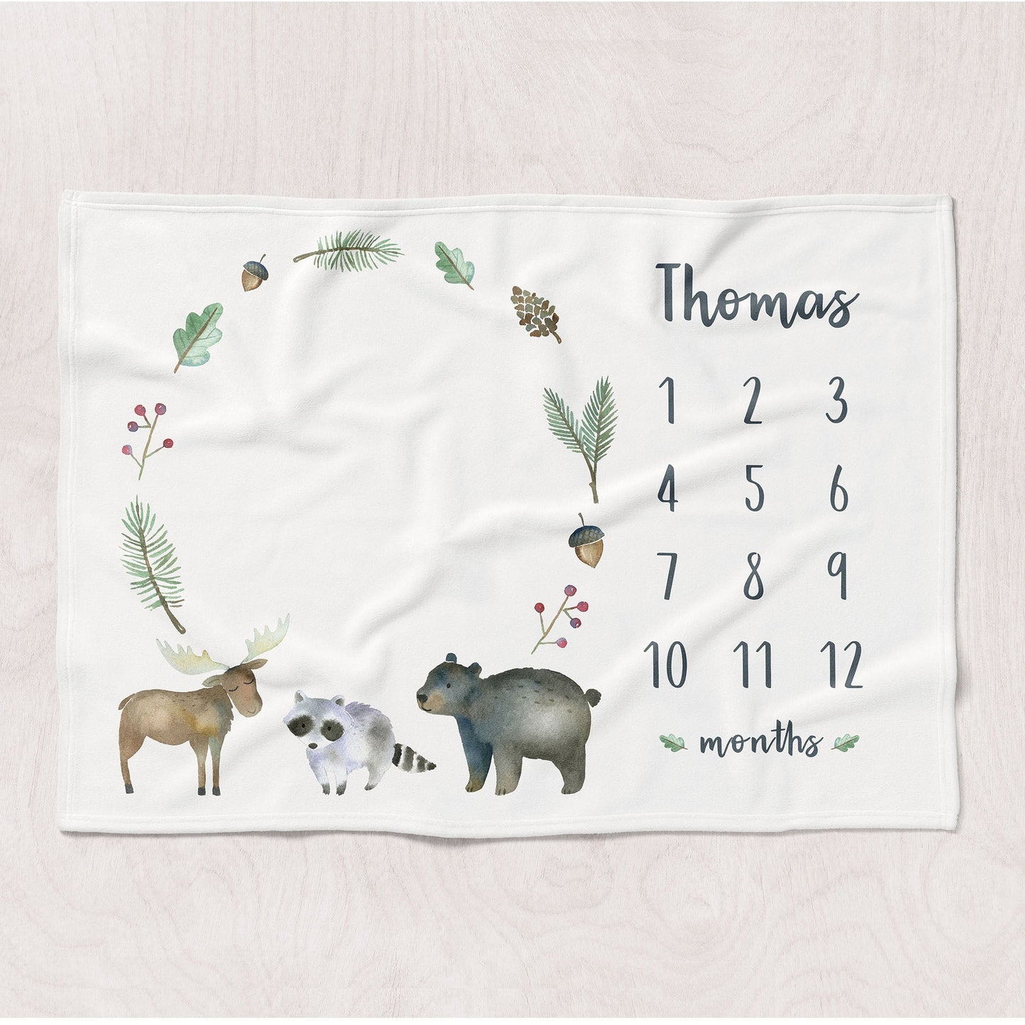 Monthly milestone baby blanket personalized, Woodland animals wreath