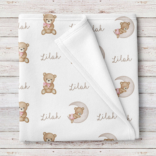 Teddy bears personalized baby girl blanket