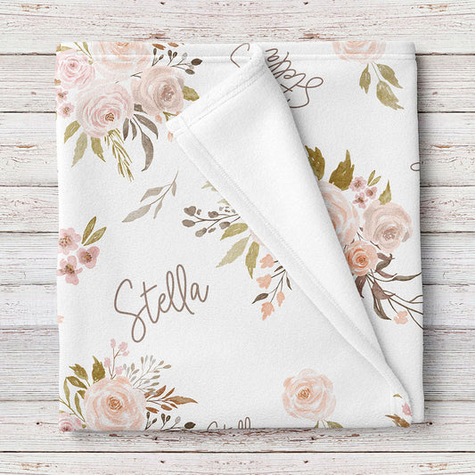 Blushing Olive floral personalized baby girl blanket