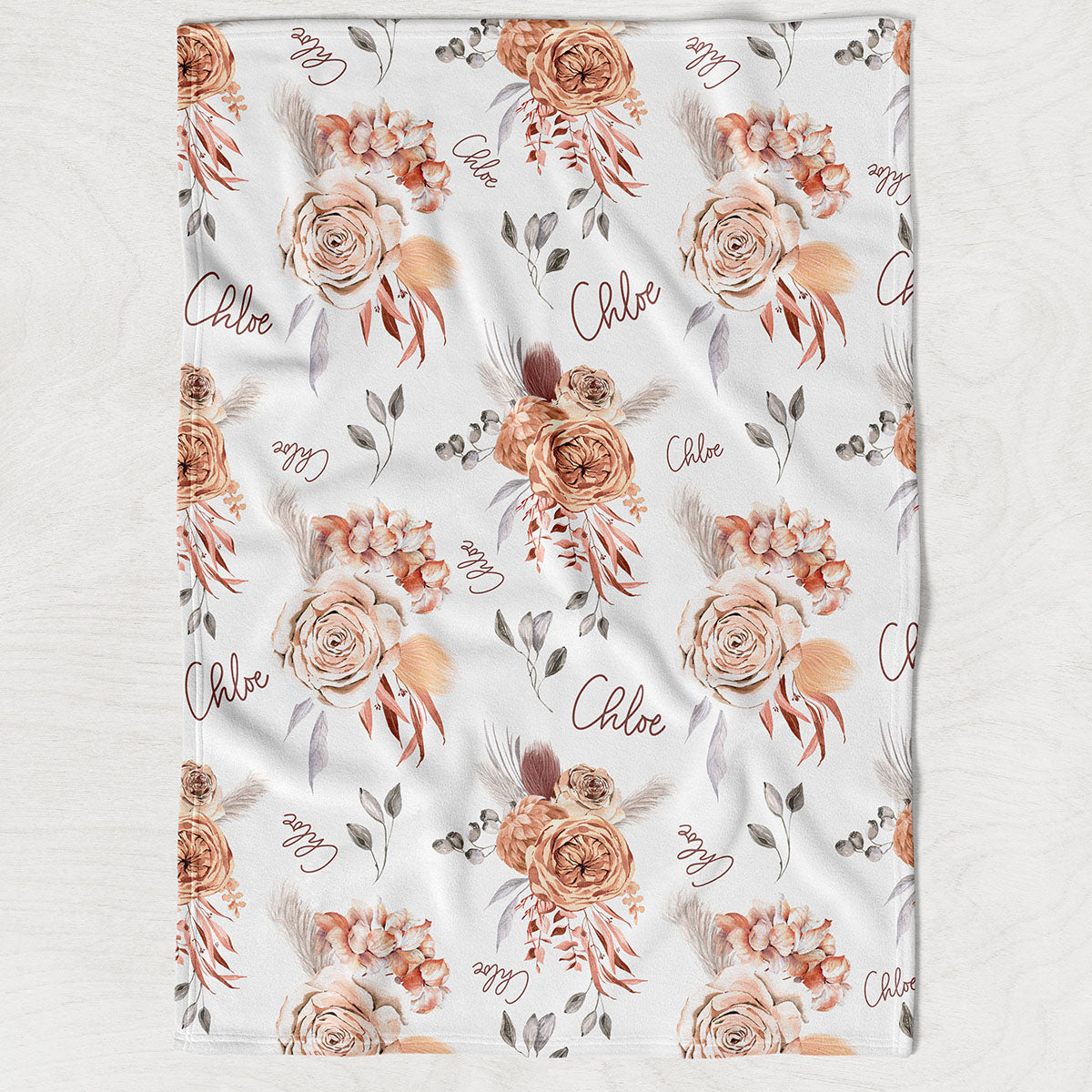 Boho caramel floral personalized baby girl blanket