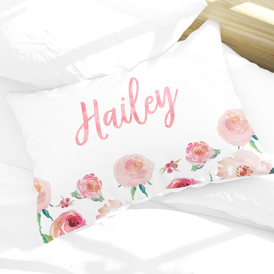 Personalized Floral Girls Pillow Case, Coral Watercolor 30" x 20" (P106)