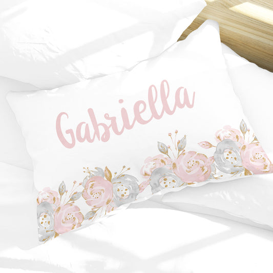 Personalized Shabby Chic Floral Girls Pillowcase, Pink and Gray 30" x 20" (P112)