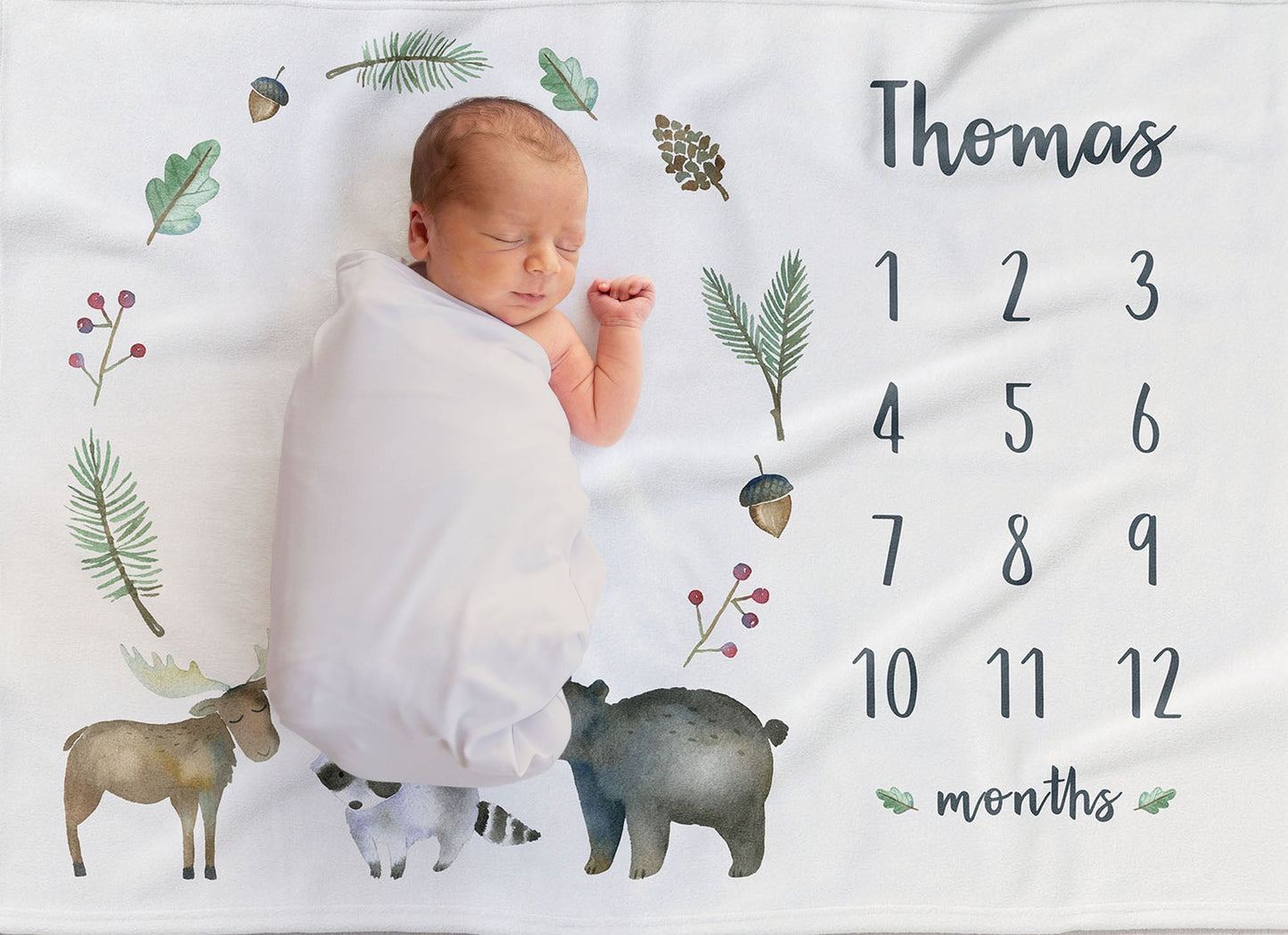 Monthly milestone baby blanket personalized, Woodland animals wreath