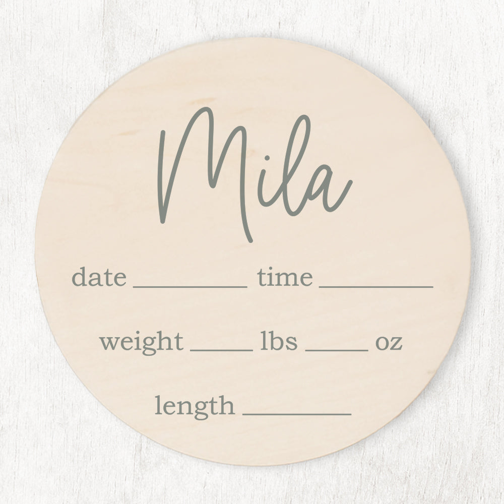 Personalized wooden baby birth announcement sign, Eucalypt gray