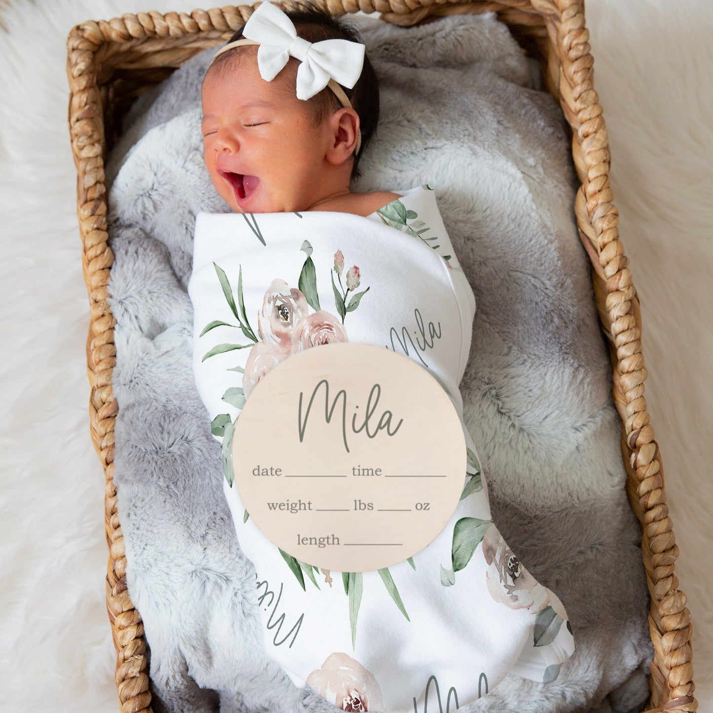 Personalized wooden baby birth announcement sign, Eucalypt gray