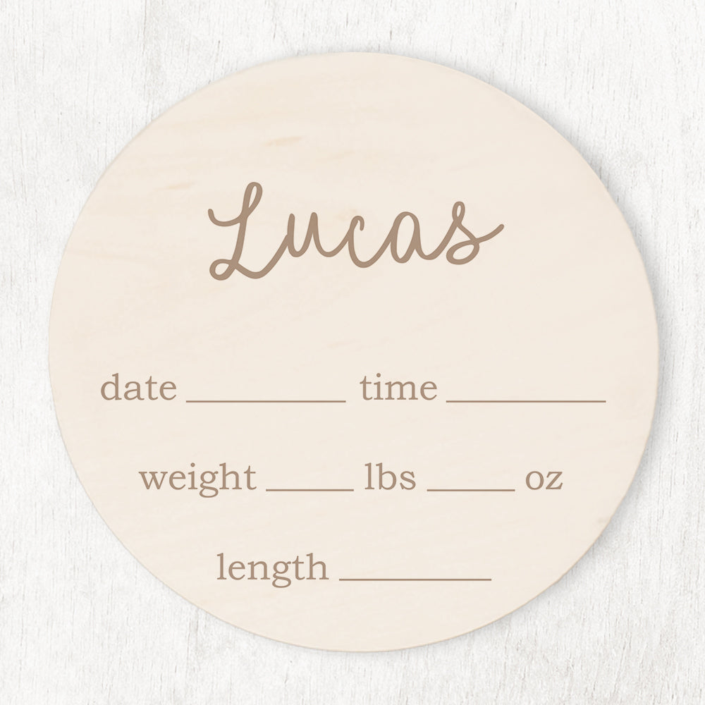 Personalized wooden baby birth announcement sign, Taupe