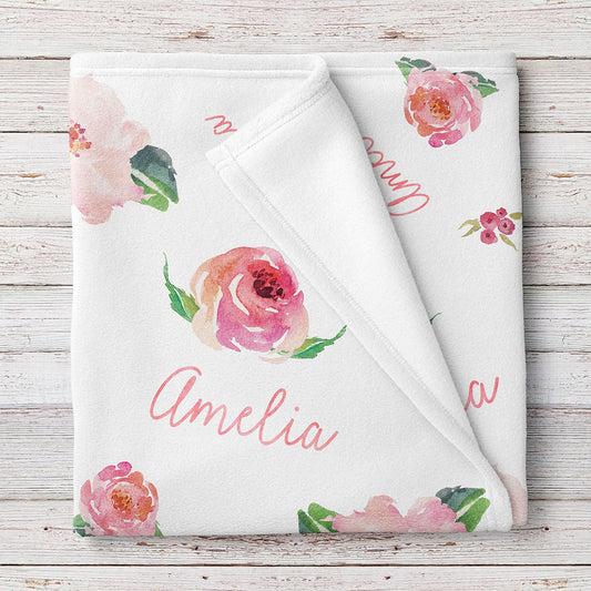 Personalized Baby Girl Name Blanket, Floral watercolor print coral