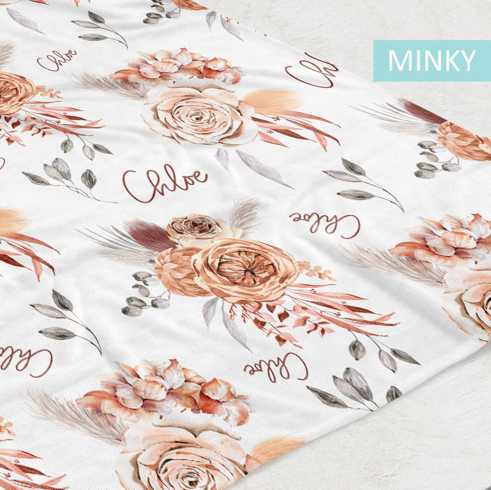 Boho caramel floral personalized baby girl blanket