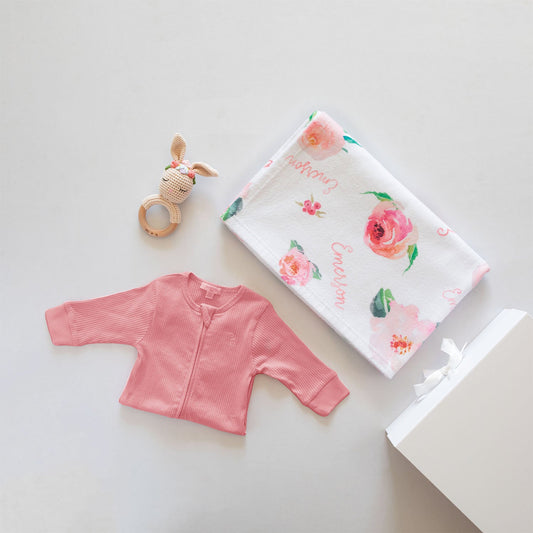 Coral Pink Floral Essentials Baby Gift Box